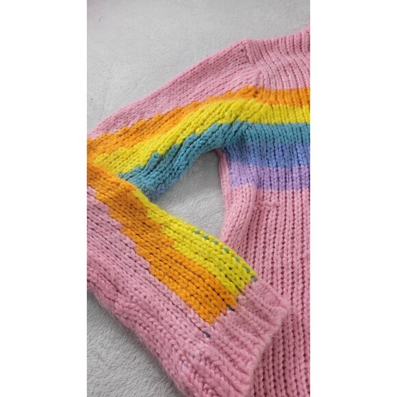 Chunky Knit Pink Sweater with Rainbow Striped Sleeves Cozy Warm Pullover Size S - Picture 3 of 7